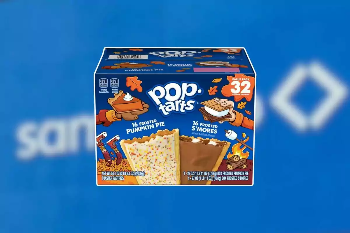 Box of Pop-Tarts with 16 pumpkin pie flavored pieces and 16 s’mores flavored pieces on a blue background Box of Pop-Tarts with 16 pumpkin pie flavored pieces and 16 s’mores flavored pieces on a blue background
