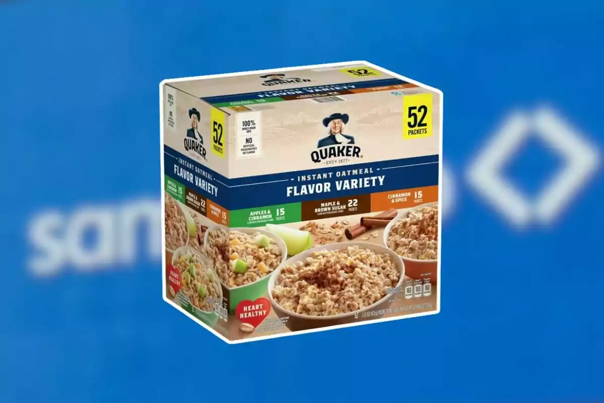 Box of Quaker instant oatmeal with assorted flavors on a blurred blue background