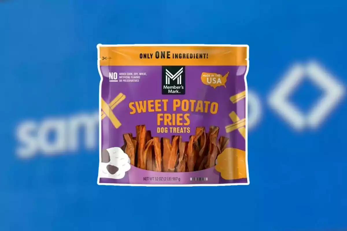 Member’s Mark sweet potato flavored dog treat bag on a blurred blue background Member’s Mark sweet potato flavored dog treat bag on a blurred blue background