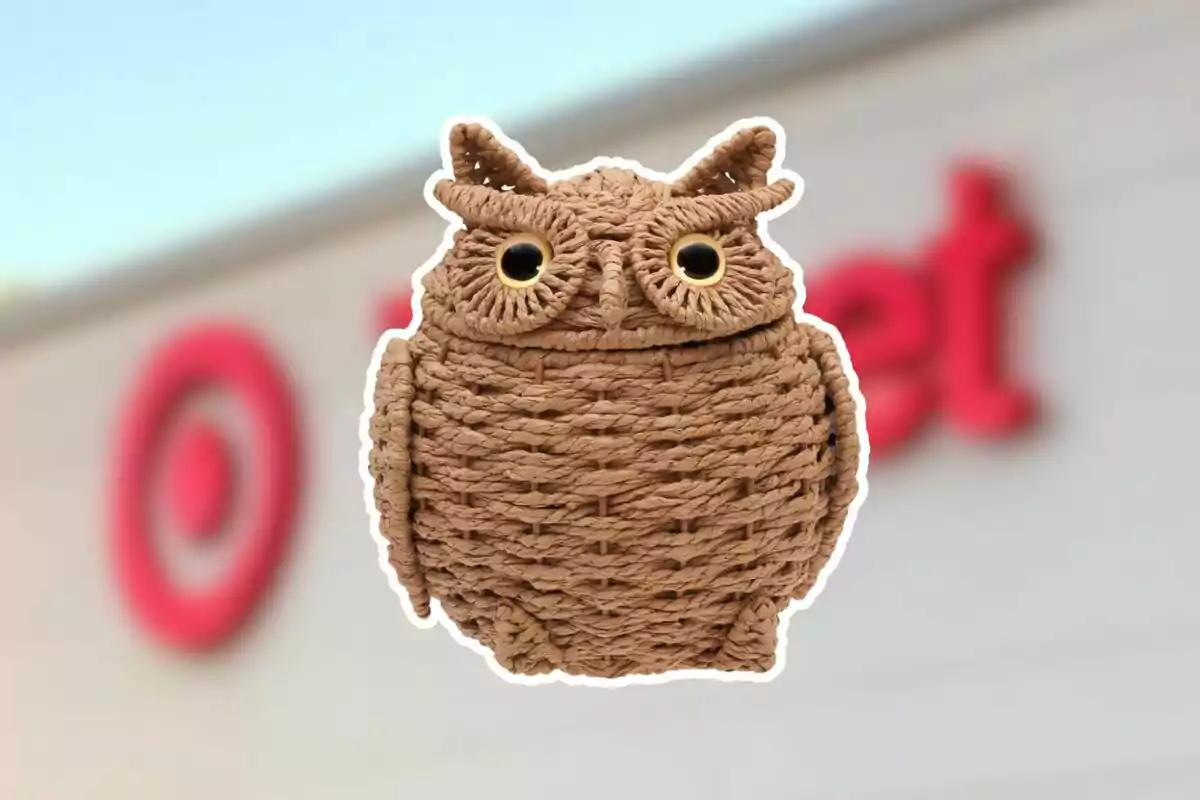 Búho tejido de mimbre con ojos grandes frente a una tienda desenfocada de Target Búho tejido de mimbre con ojos grandes frente a una tienda desenfocada de Target