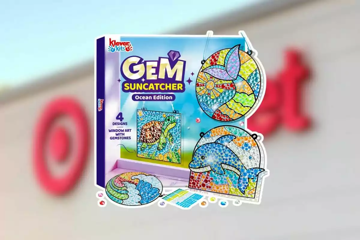 Caja de manualidades Klever Kits GEM Suncatcher Ocean Edition con diseños de arte para ventanas decorados con gemas y figuras de animales marinos