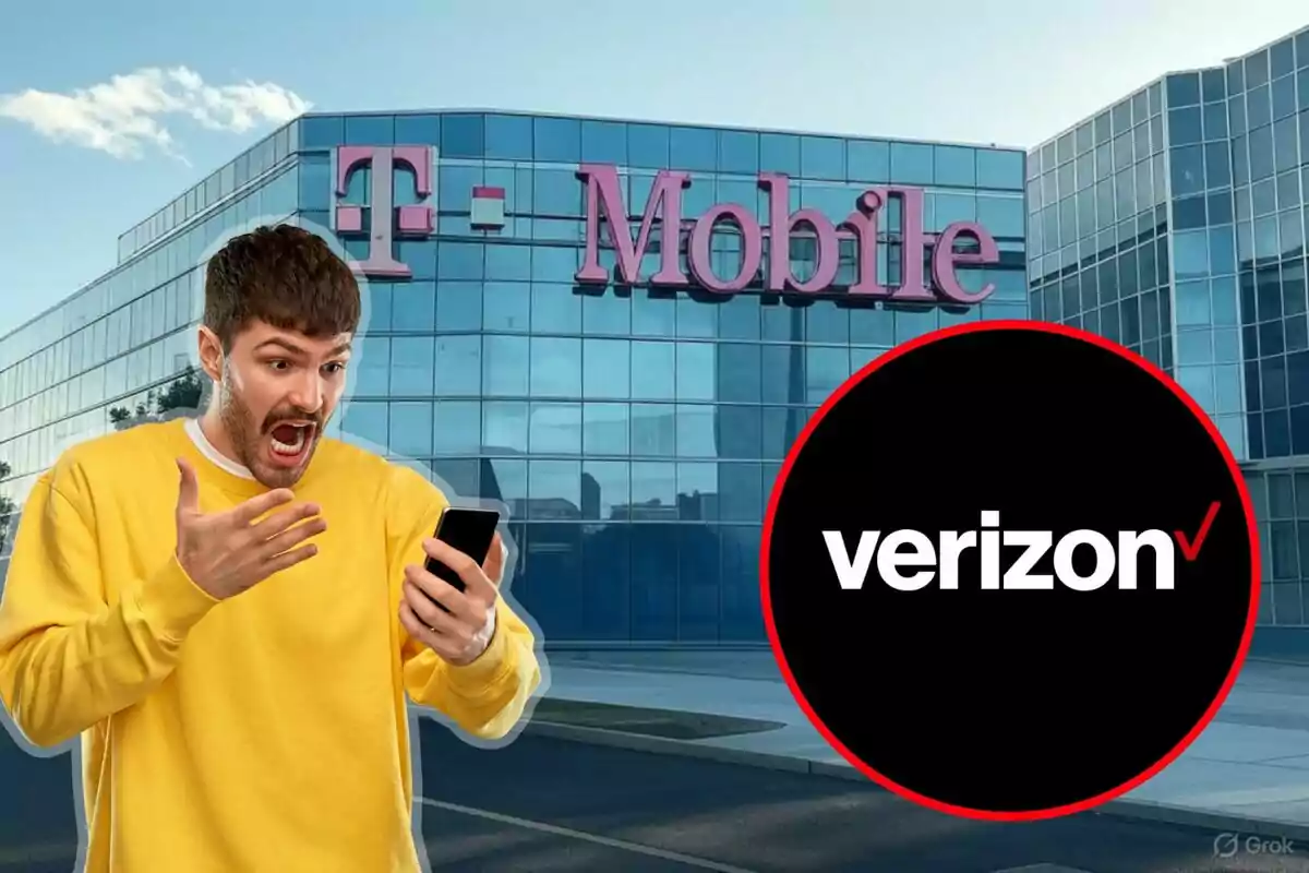 Surprised man looking at his phone in front of a T-Mobile building with the Verizon logo in the foreground
