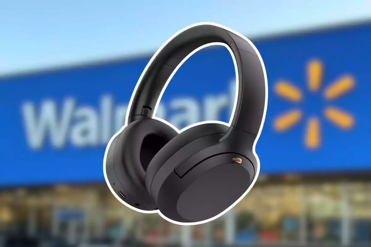 Black wireless headphones on a blurred background of a Walmart store Black wireless headphones on a blurred background of a Walmart store