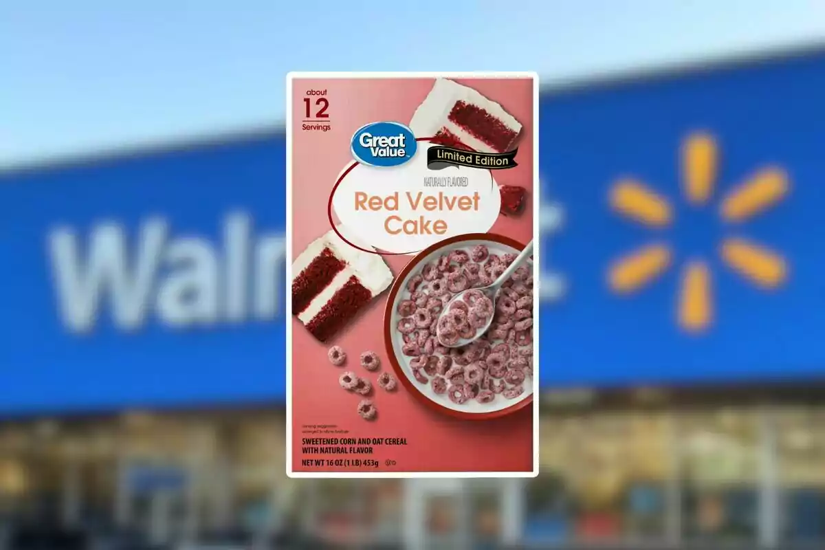 Great Value Red Velvet Cake limited edition cereal box in front of a blurred Walmart store Great Value Red Velvet Cake limited edition cereal box in front of a blurred Walmart store