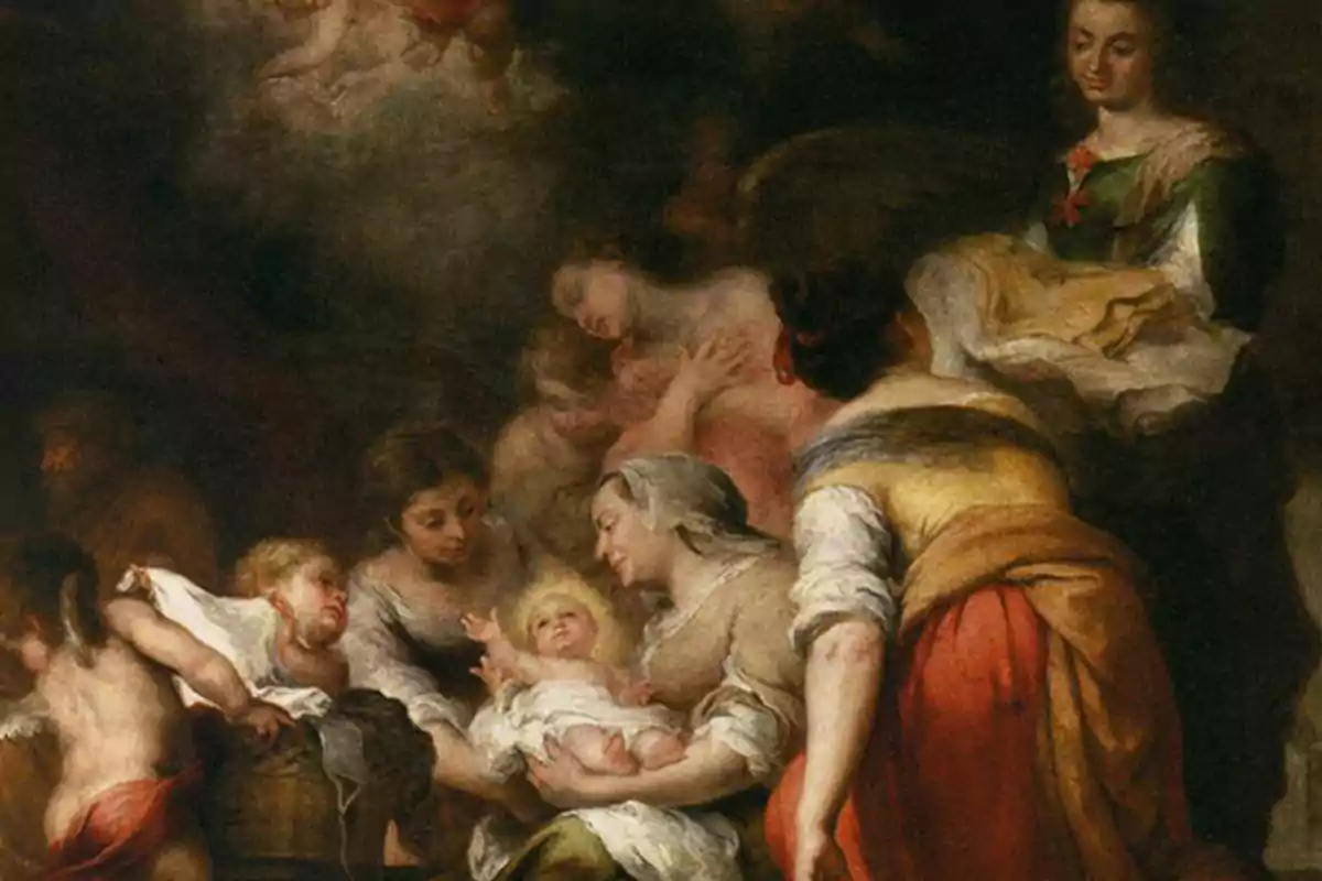 Diverses persones envolten un nadó en una escena d’estil clàssic amb colors càlids i figures angelicals al fons. Diverses persones envolten un nadó en una escena d’estil clàssic amb colors càlids i figures angelicals al fons.