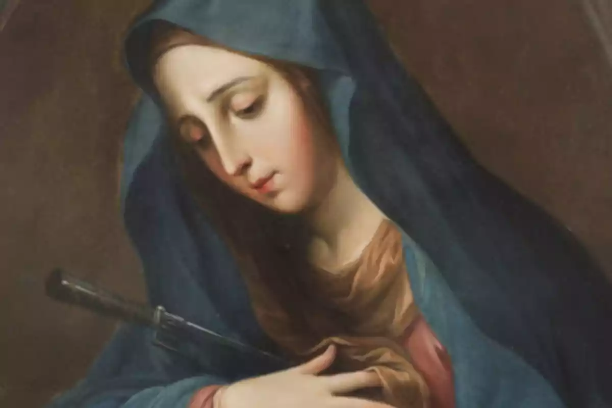 Pintura de una mujer con expresión triste vestida con manto azul y marrón que sostiene una espada atravesando su pecho Pintura de una mujer con expresión triste vestida con manto azul y marrón que sostiene una espada atravesando su pecho