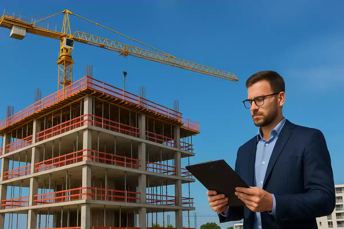 Home amb ulleres i vestit revisant documents davant d’un edifici en construcció i una grua groga sota un cel serè