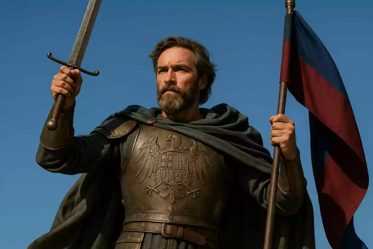 Pedro de Estopiñán amb armadura medieval sostenint una espasa i una bandera sota un cel serè.