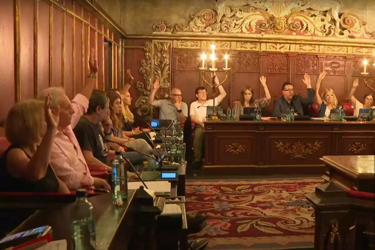 Persones assegudes en una sala de reunions amb les mans aixecades participant en una votació en un entorn formal i elegantment decorat