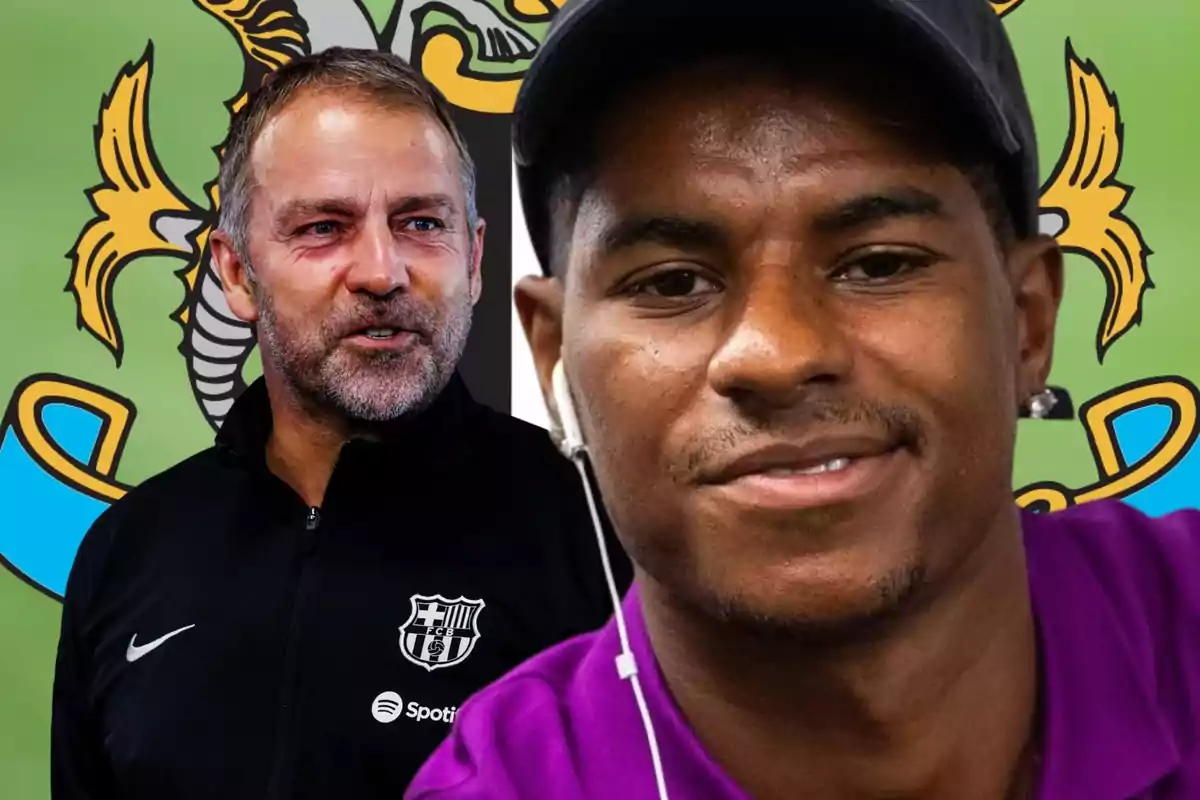 Dos homes en primer pla amb un escut de fons