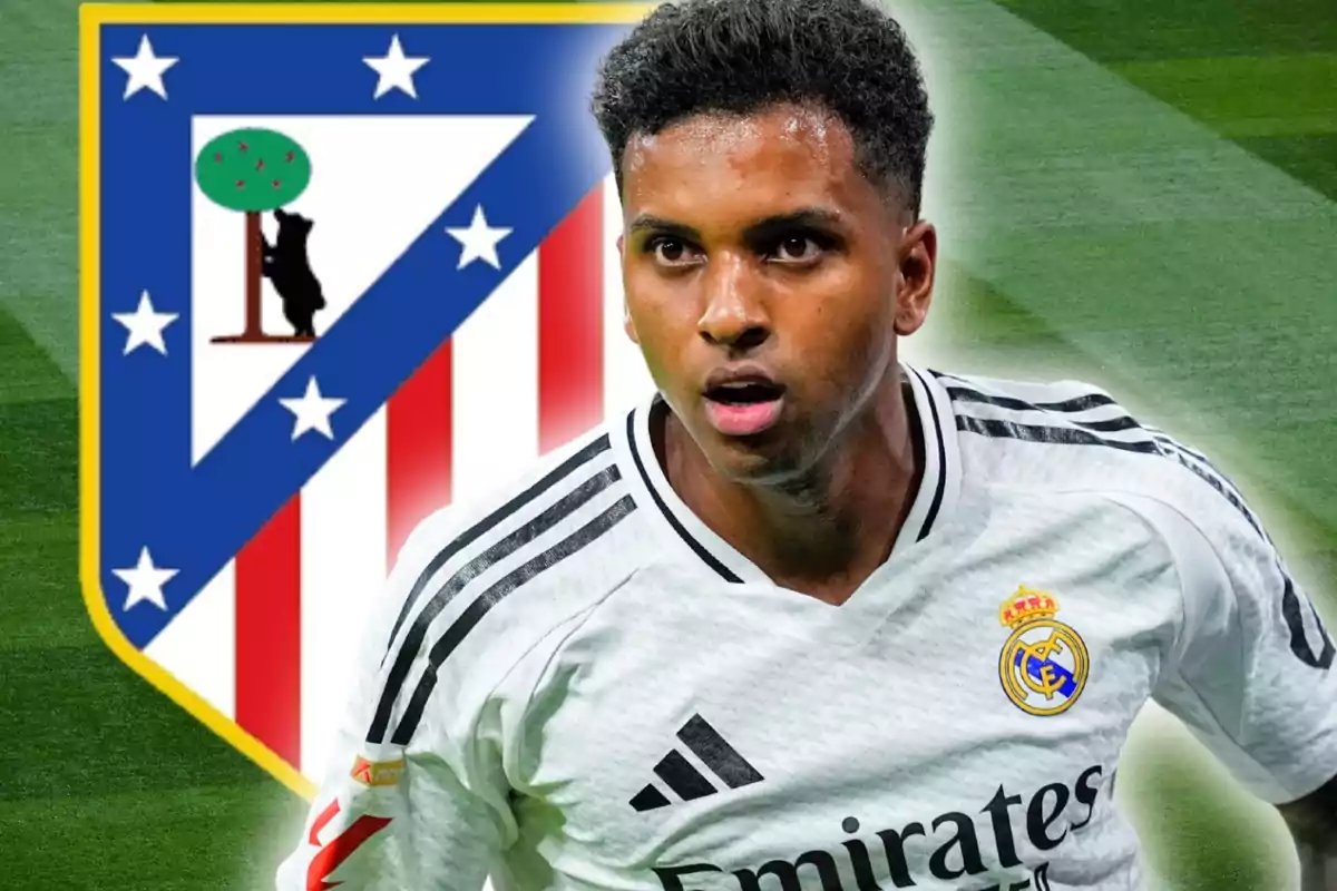 Real Madrid player with the Atlético de Madrid crest in the background