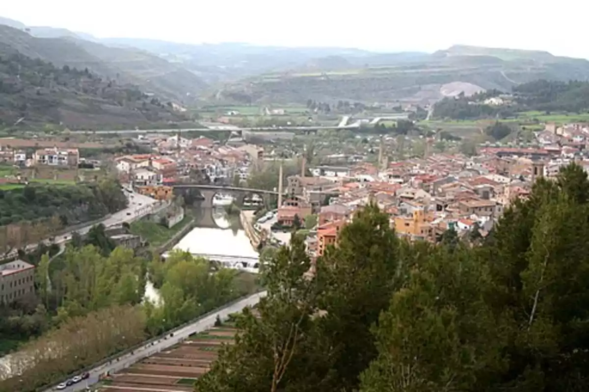 Vista panoràmica de Sallent de Llobregat envoltat de muntanyes i vegetació, amb un riu que el travessa i un pont al centre