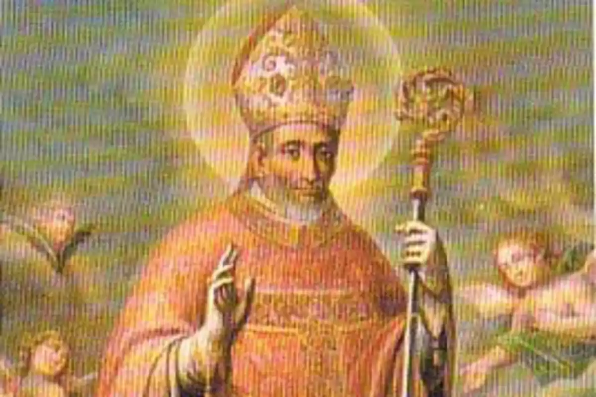 Bisbe amb vestimenta religiosa i aurèola envoltat d’àngels en un fons celestial Bisbe amb vestimenta religiosa i aurèola envoltat d’àngels en un fons celestial