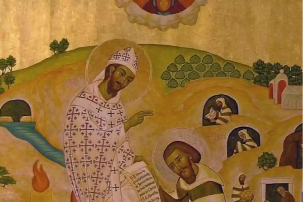 Pintura religiosa con fondo dorado que muestra a dos figuras con aureolas en primer plano una de pie y otra arrodillada mientras al fondo se observan árboles, cuevas y otras personas realizando actividades Pintura religiosa con fondo dorado que muestra a dos figuras con aureolas en primer plano una de pie y otra arrodillada mientras al fondo se observan árboles, cuevas y otras personas realizando actividades