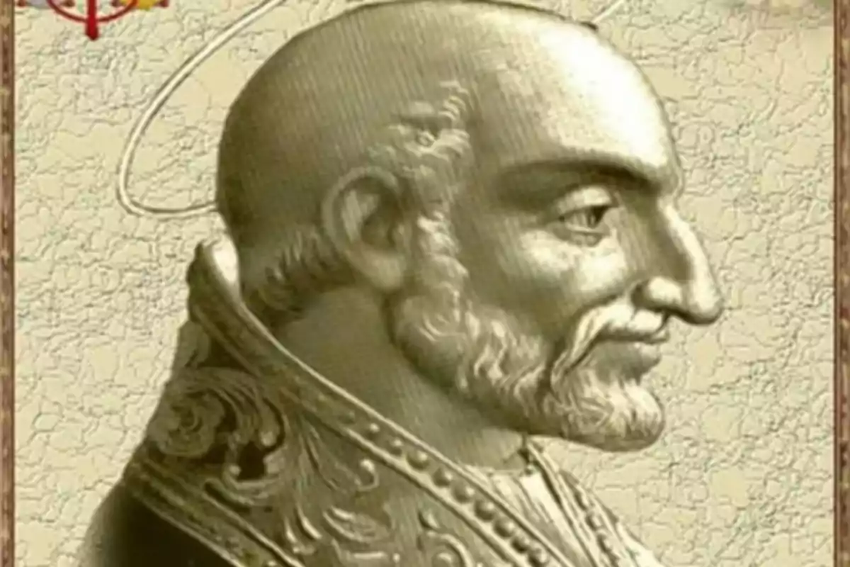 Ilustración de un hombre con vestimenta religiosa y aureola sobre la cabeza en un fondo claro con textura. Ilustración de un hombre con vestimenta religiosa y aureola sobre la cabeza en un fondo claro con textura.