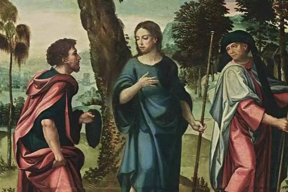 Tres personas con túnicas de colores conversan en un paisaje natural con árboles y colinas al fondo Tres personas con túnicas de colores conversan en un paisaje natural con árboles y colinas al fondo