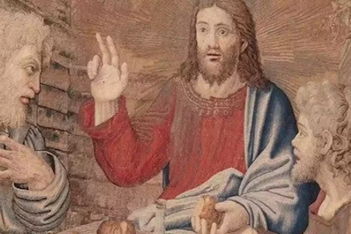 Pintura religiosa que muestra a tres hombres sentados alrededor de una mesa, uno de ellos con túnica roja y azul levantando la mano en gesto de bendición