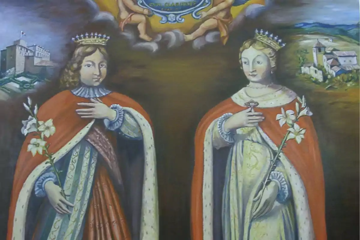 Dos figuras femeninas con corona y vestimenta real sostienen flores blancas, al fondo se observan paisajes con edificios antiguos y en la parte superior dos querubines sostienen un estandarte Dos figuras femeninas con corona y vestimenta real sostienen flores blancas, al fondo se observan paisajes con edificios antiguos y en la parte superior dos querubines sostienen un estandarte