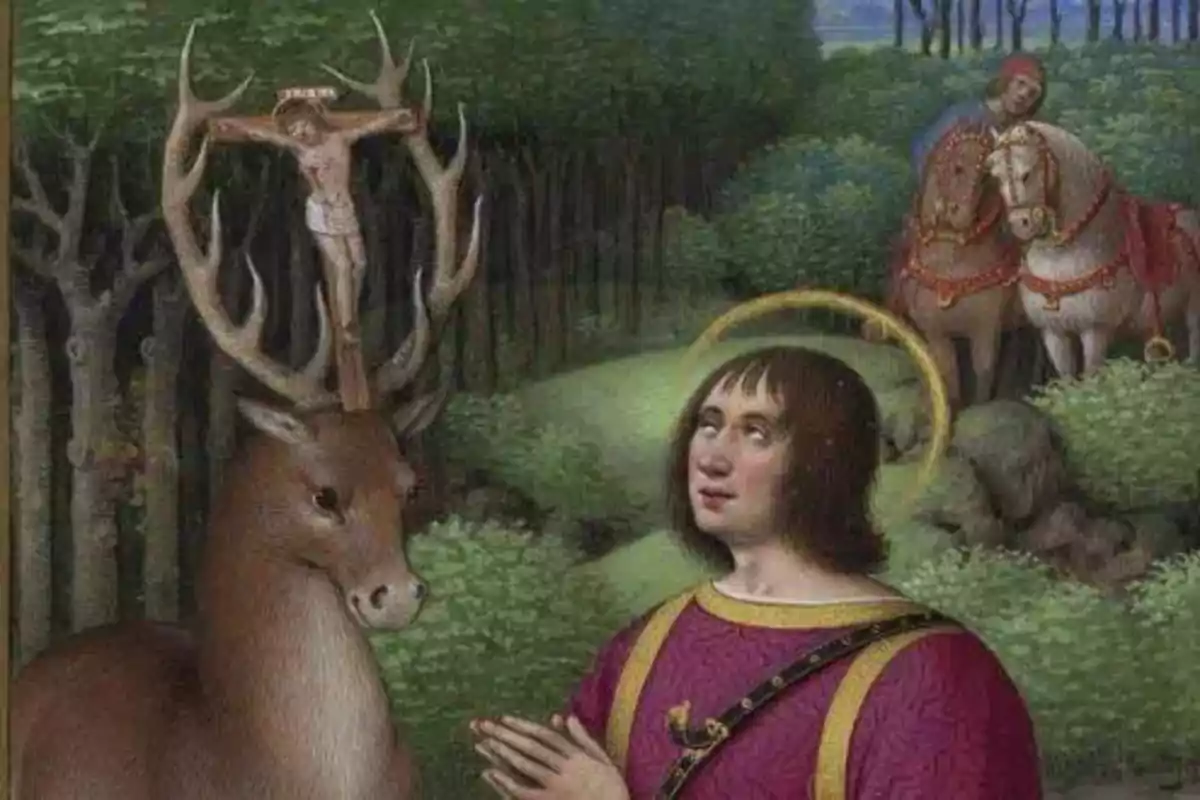 Hombre con aureola rezando frente a un ciervo con un crucifijo entre sus astas en un bosque