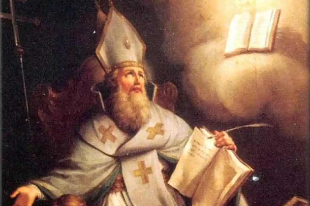 Un home amb vestimenta religiosa i barba sosté un llibre mentre mira cap a un altre llibre que flota a l’aire envoltat de llum. Un home amb vestimenta religiosa i barba sosté un llibre mentre mira cap a un altre llibre que flota a l’aire envoltat de llum.