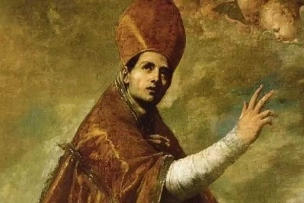 Pintura de un obispo con vestimenta religiosa levantando la mano en señal de bendición
