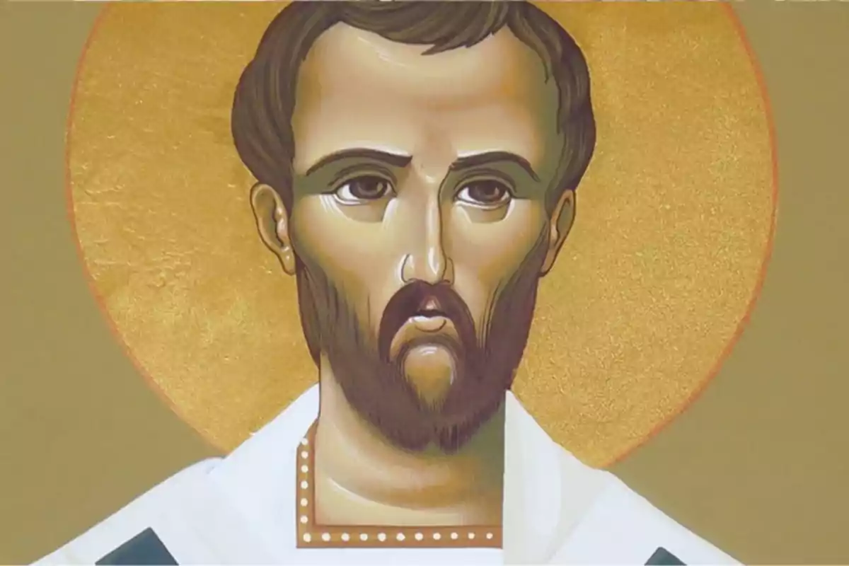 Pintura religiosa d’un home amb barba i halo daurat sobre fons marró clar Pintura religiosa d’un home amb barba i halo daurat sobre fons marró clar