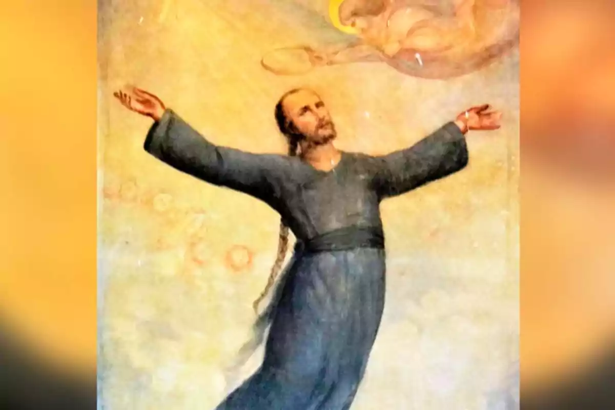 Home amb túnica blava levitant amb els braços estesos i mirant cap al cel en una pintura de fons clar Home amb túnica blava levitant amb els braços estesos i mirant cap al cel en una pintura de fons clar