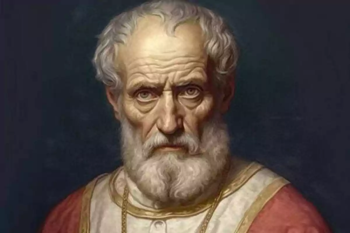 Retrato de un hombre mayor con barba y cabello canoso vestido con túnica blanca y detalles dorados sobre un fondo oscuro Retrato de un hombre mayor con barba y cabello canoso vestido con túnica blanca y detalles dorados sobre un fondo oscuro