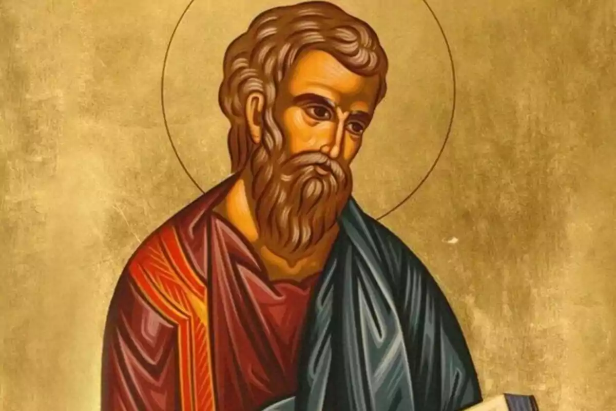 Pintura religiosa de un hombre con barba y aureola sosteniendo un libro sobre fondo dorado Pintura religiosa de un hombre con barba y aureola sosteniendo un libro sobre fondo dorado