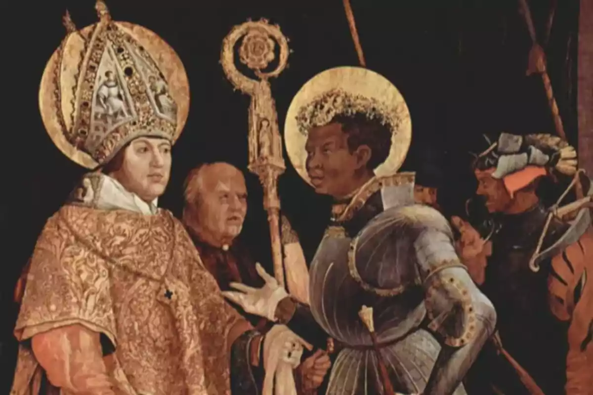 Pintura religiosa antigua donde un obispo con vestimenta dorada y mitra conversa con un santo vestido con armadura mientras otras figuras observan al fondo