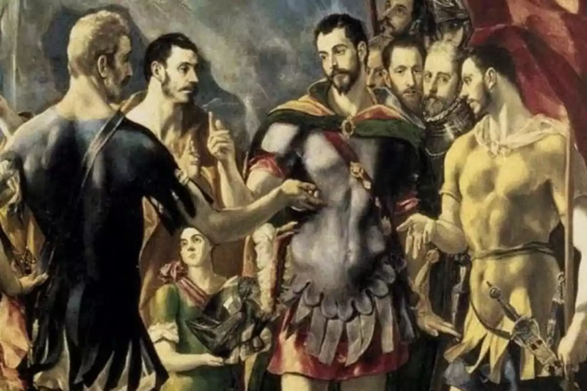 Un grupo de hombres vestidos con túnicas y armaduras conversan y gesticulan en una escena de estilo renacentista, con expresiones serias y fondo oscuro. Un grupo de hombres vestidos con túnicas y armaduras conversan y gesticulan en una escena de estilo renacentista, con expresiones serias y fondo oscuro.