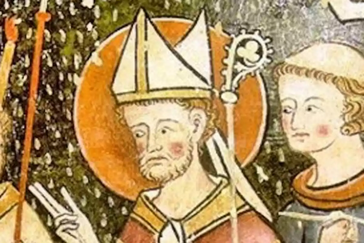 Pintura medieval d’un bisbe amb mitra i bàcul acompanyat per un jove assistent Pintura medieval d’un bisbe amb mitra i bàcul acompanyat per un jove assistent