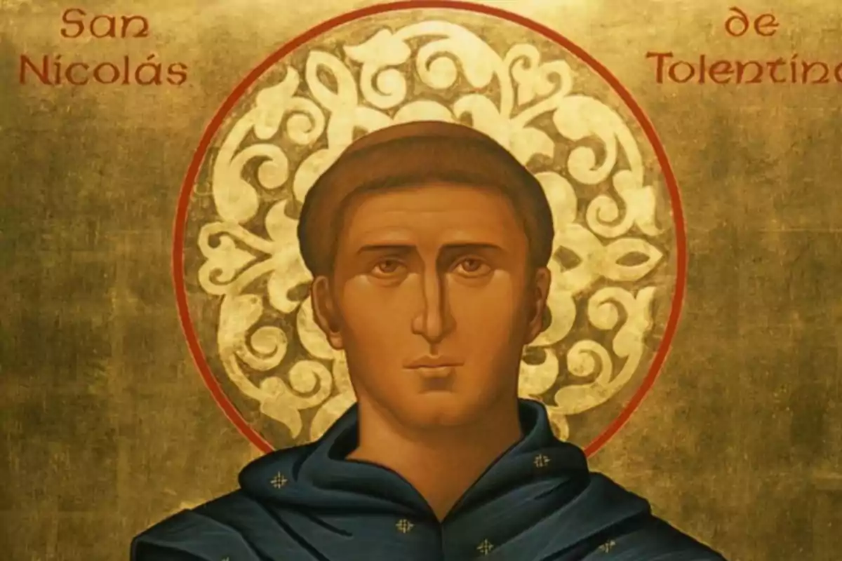 Pintura religiosa de Sant Nicolau de Tolentino amb fons daurat i halo decoratiu Pintura religiosa de Sant Nicolau de Tolentino amb fons daurat i halo decoratiu