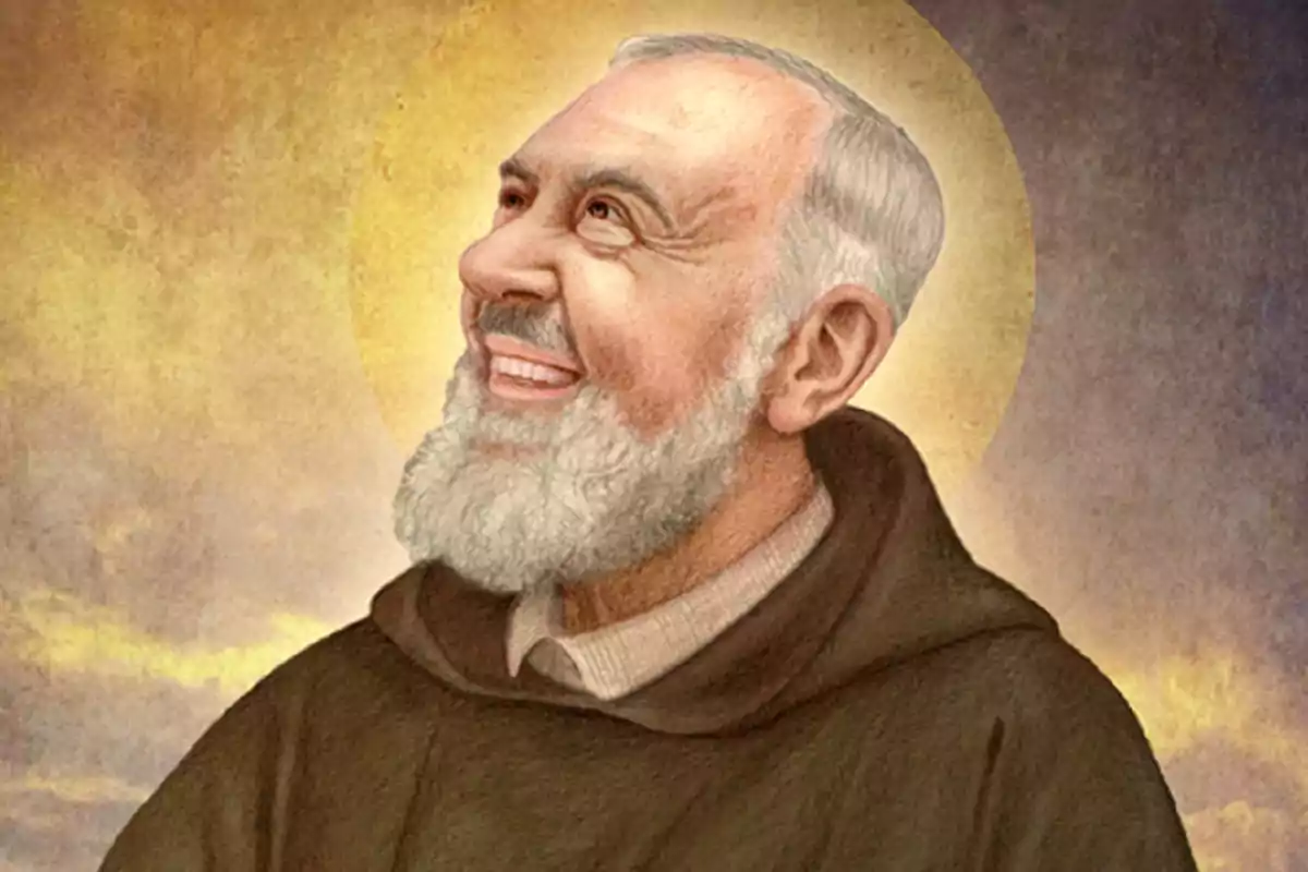 Ilustración de un hombre mayor con barba blanca y túnica marrón mirando hacia arriba con una expresión sonriente y un halo dorado detrás de su cabeza