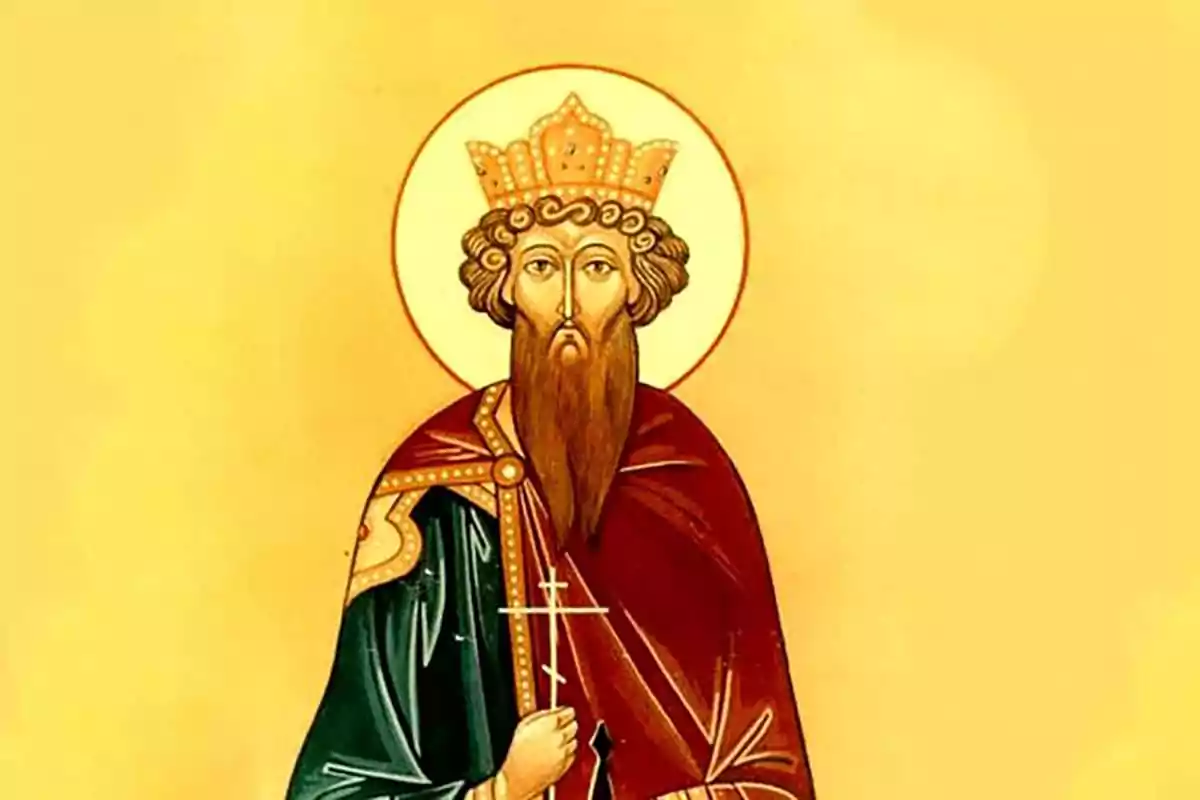 Ilustración de un rey con corona y barba larga sosteniendo una cruz sobre un fondo amarillo