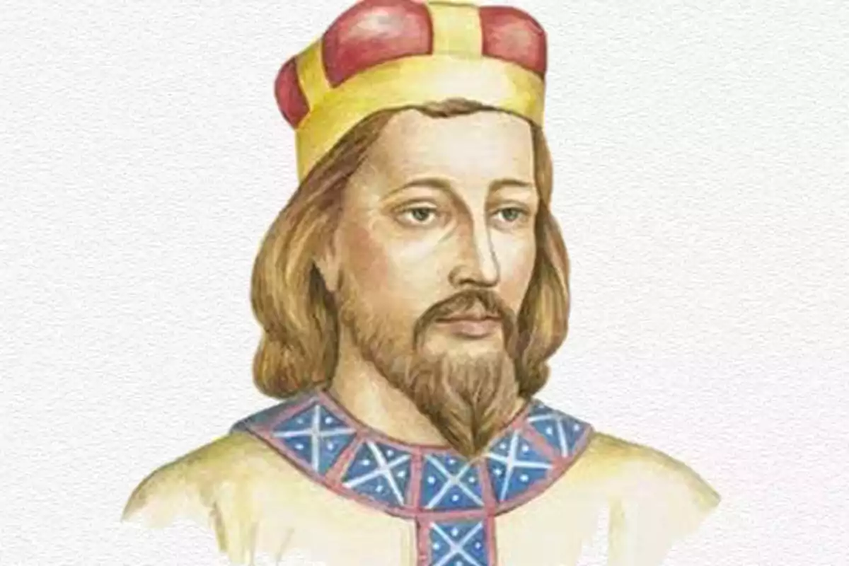 Ilustración de un hombre con barba y cabello largo que lleva una corona amarilla y roja y una túnica decorada con patrones azules y rojos