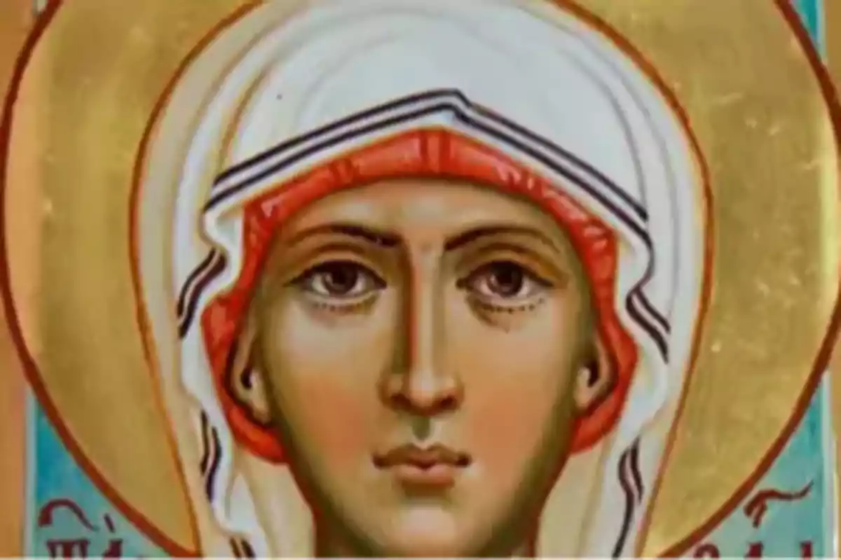 Pintura religiosa de una mujer con manto blanco y aureola dorada