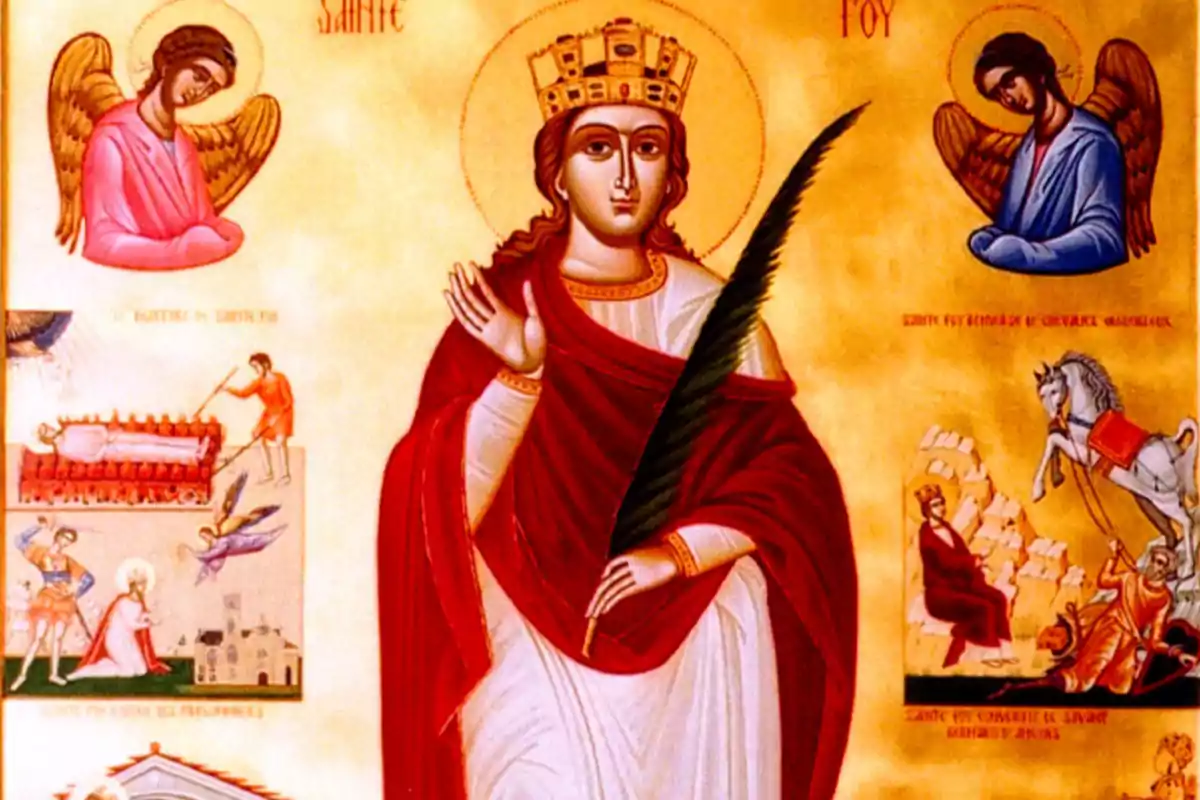 Icono religioso con una figura central femenina con corona y palma rodeada de ángeles y escenas narrativas en un fondo dorado