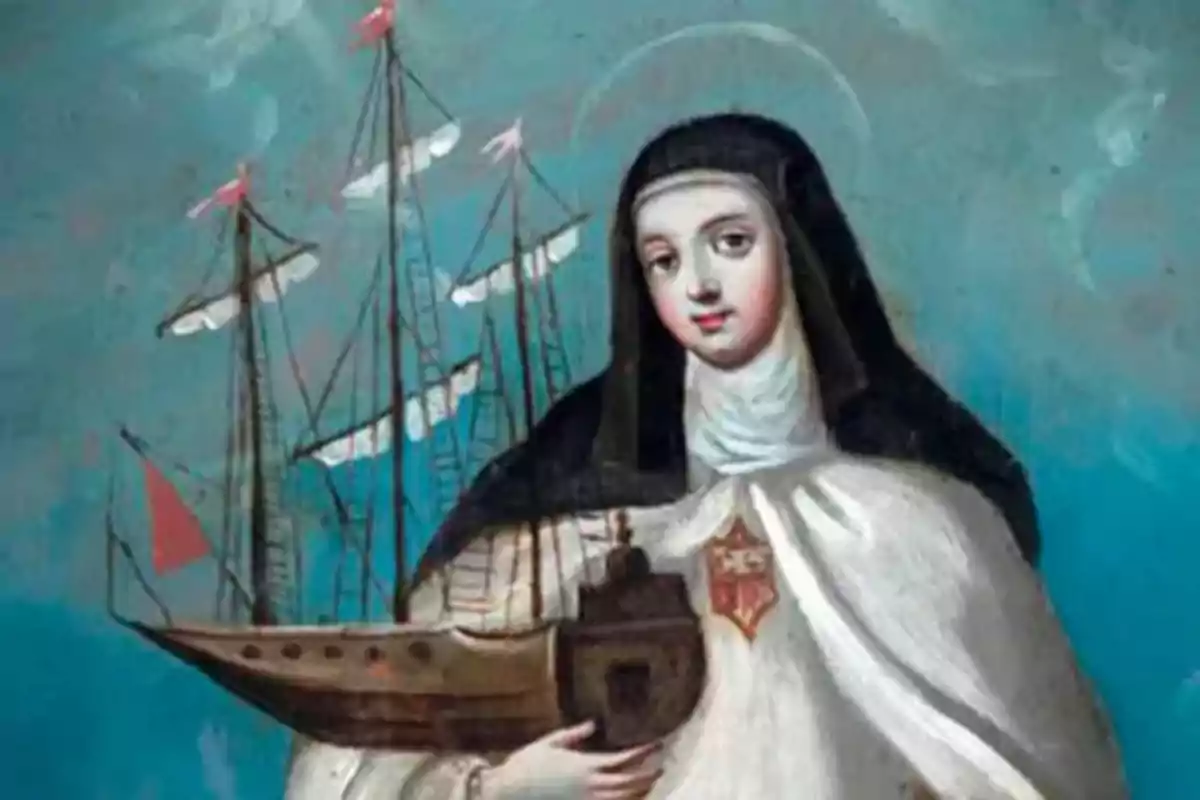 Pintura de una monja con hábito blanco y negro sosteniendo un barco de madera frente a un fondo azul Pintura de una monja con hábito blanco y negro sosteniendo un barco de madera frente a un fondo azul
