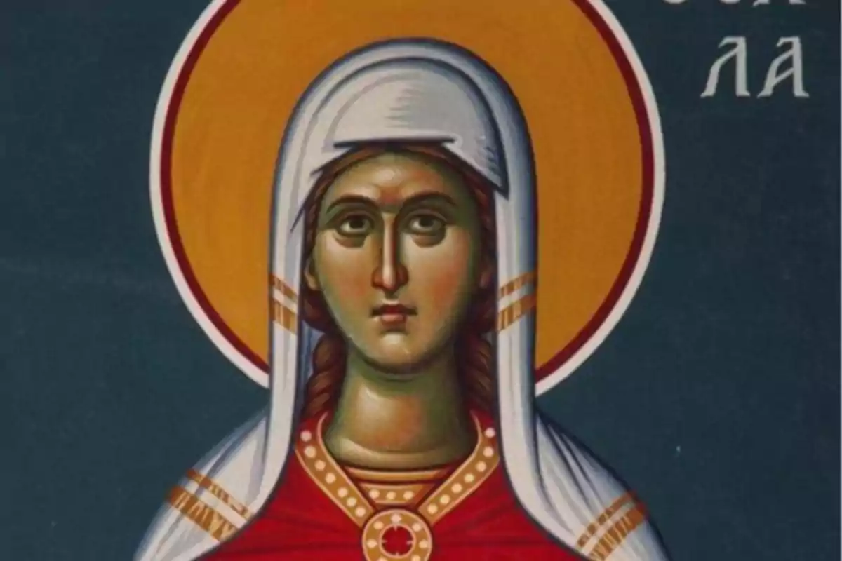 Pintura religiosa de una mujer con manto blanco y túnica roja sobre fondo oscuro y halo dorado Pintura religiosa de una mujer con manto blanco y túnica roja sobre fondo oscuro y halo dorado