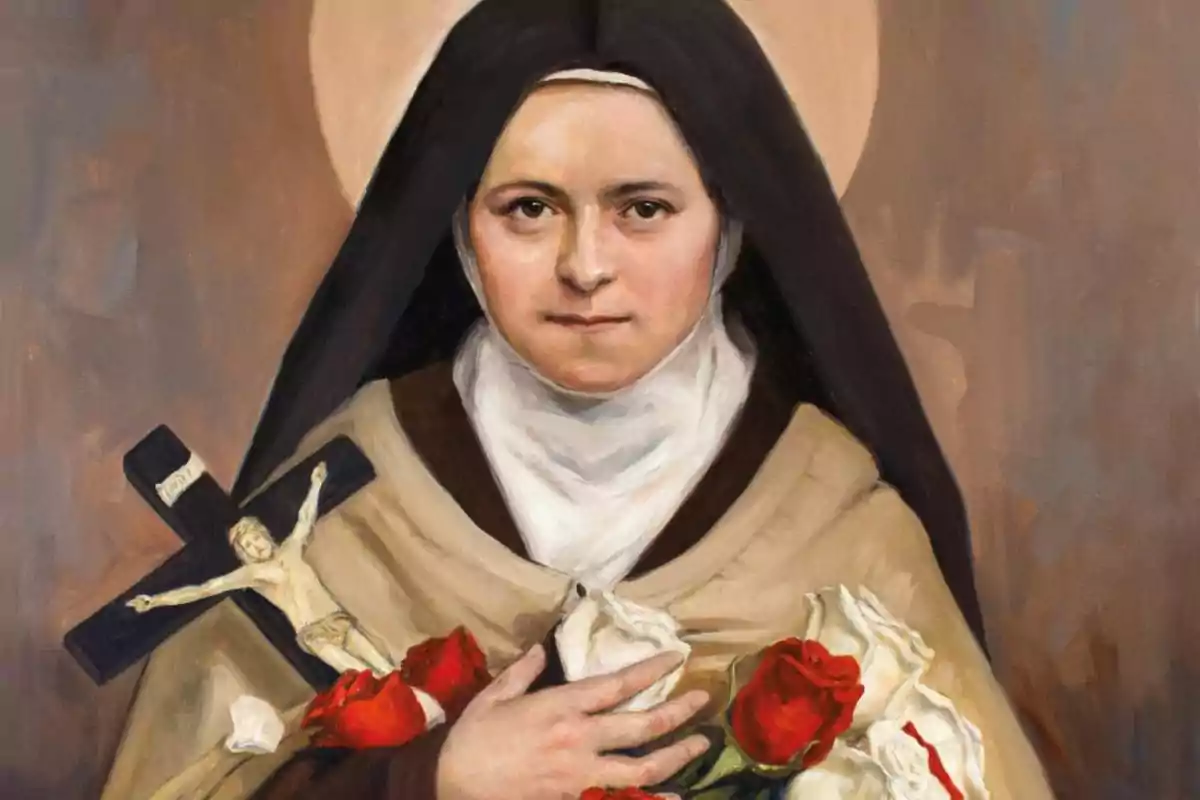 Retrato de una monja con hábito oscuro sosteniendo un crucifijo y un ramo de rosas rojas y blancas