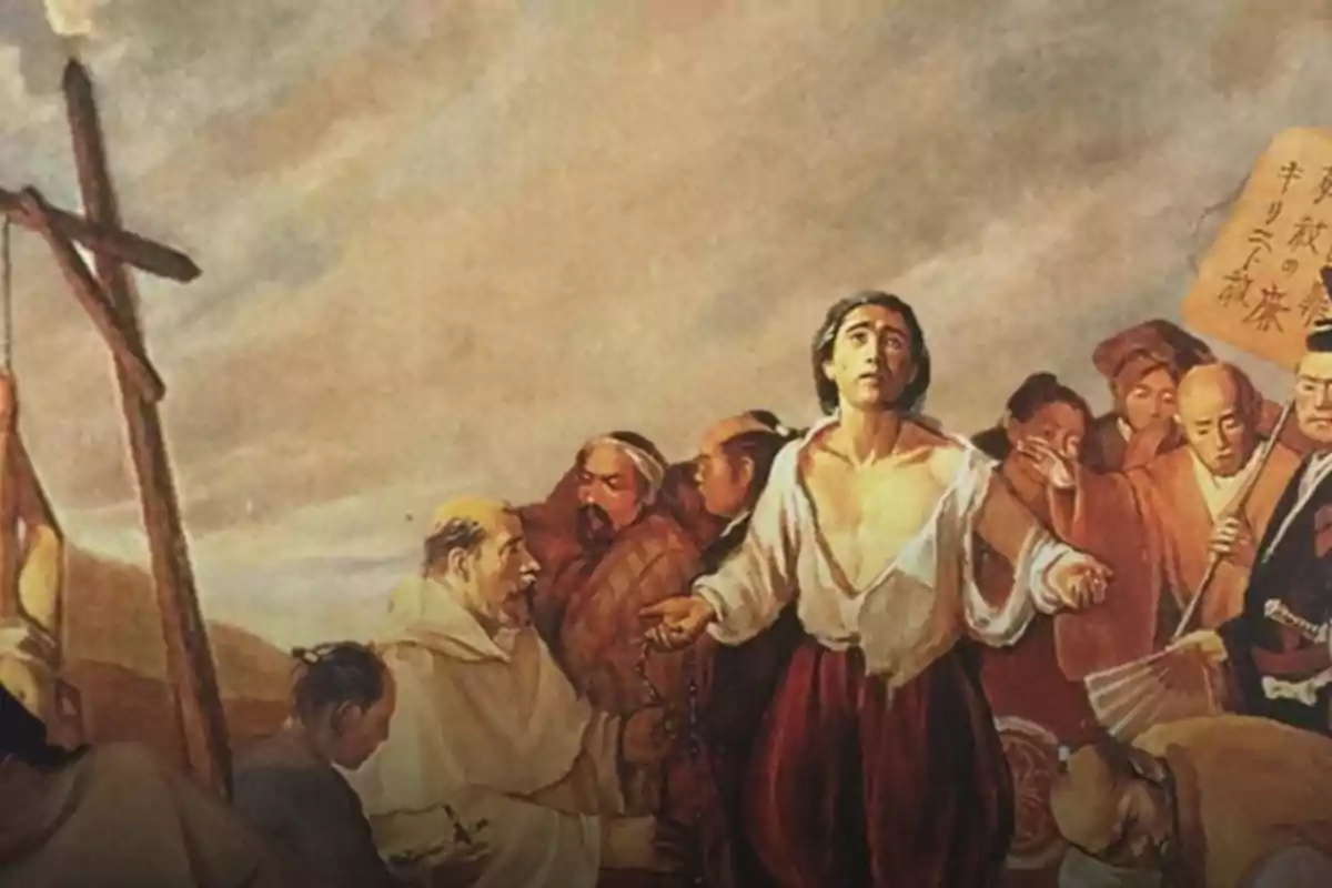 Pintura que muestra a un hombre con las manos atadas y la camisa rota rodeado de varias personas, algunas con vestimenta tradicional japonesa y un crucifijo de madera al fondo