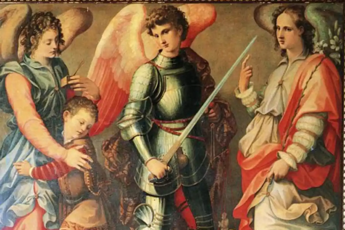 Pintura renacentista que muestra a tres ángeles con alas y vestimentas coloridas, uno de ellos con armadura y espada, junto a un niño