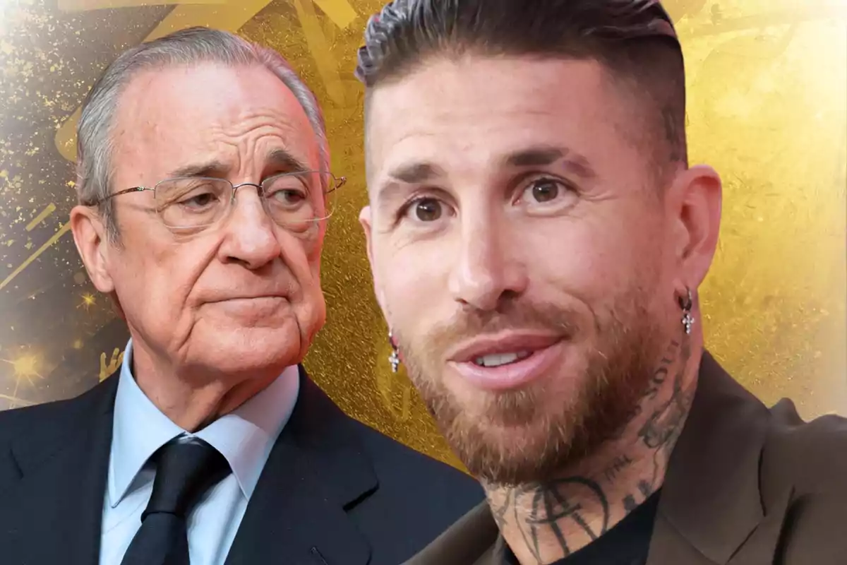 Dos homes en primer pla amb fons daurat, un d’ells porta vestit i ulleres mentre que l’altre té barba, tatuatges i arracades.