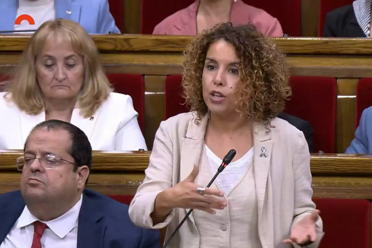 Mujer de cabello rizado hablando frente a un micrófono en una sala de reuniones con otras personas sentadas alrededor Mujer de cabello rizado hablando frente a un micrófono en una sala de reuniones con otras personas sentadas alrededor
