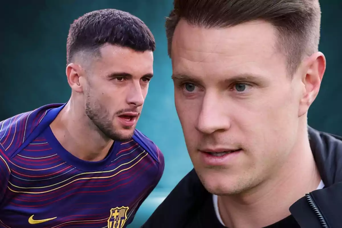 Two FC Barcelona players appear in the foreground with serious expressions against a blurred blue background.
