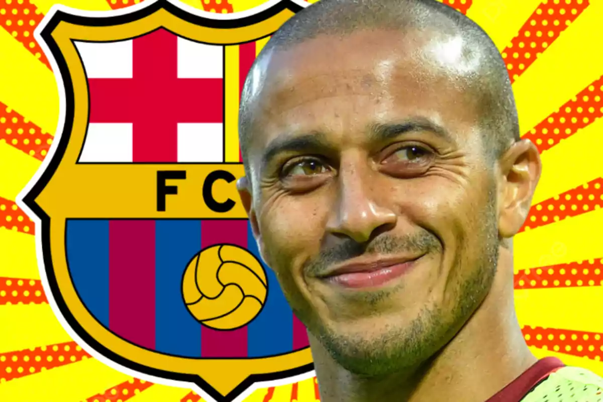 Futbolista somrient amb l’escut del FC Barcelona de fons i un disseny groc cridaner