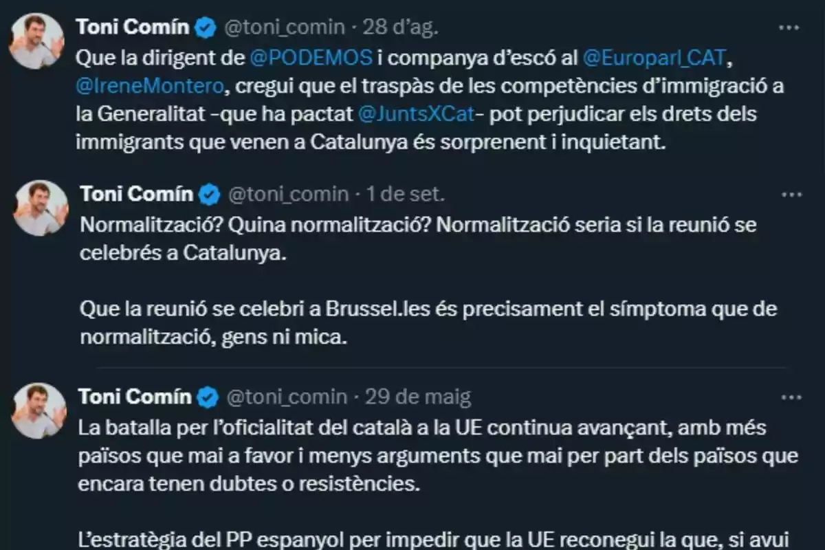 Captura de pantalla de tres tuits escrits en català per Toni Comín, on comenta sobre la transferència de competències d’immigració a la Generalitat, la normalització política a Catalunya i l’oficialitat del català a la Unió Europea. Captura de pantalla de tres tuits escrits en català per Toni Comín, on comenta sobre la transferència de competències d’immigració a la Generalitat, la normalització política a Catalunya i l’oficialitat del català a la Unió Europea.