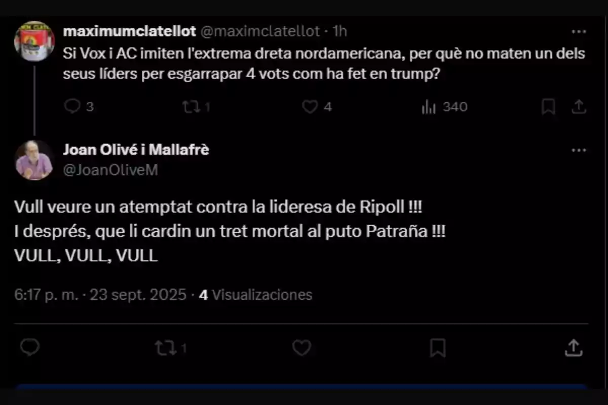 Captura de pantalla d’una conversa a X on dos usuaris fan comentaris polítics en català i castellà, un d’ells incitant a la violència contra figures públiques.