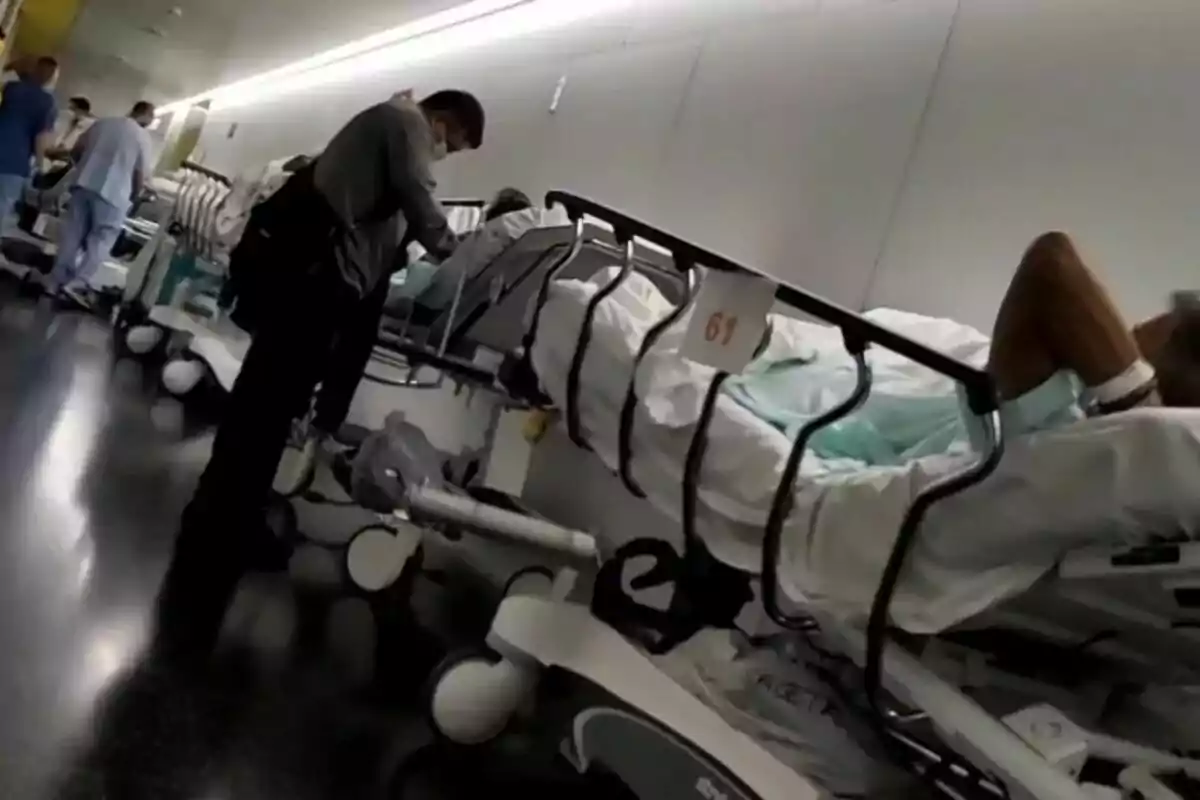 Pacients en lliteres alineades en un passadís d’hospital amb personal mèdic atenent